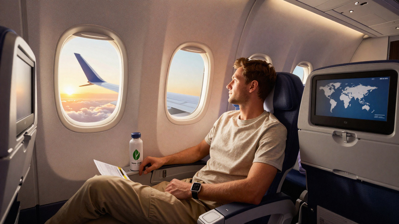 Homem sentado no assento de avião a olhar pela janela durante o pôr do sol, com ecrã de voo ao lado.