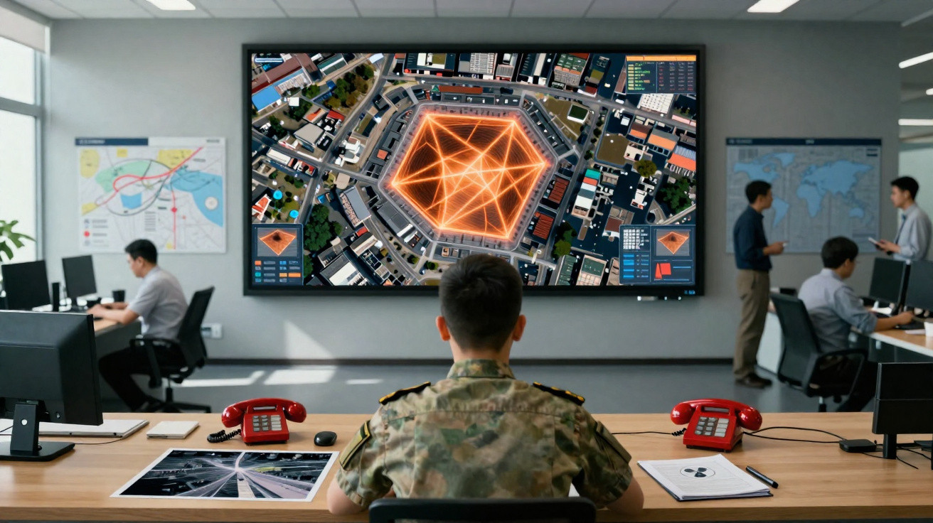 Sala de comando com militares a analisar mapa digital estratégico num ecrã grande na parede.
