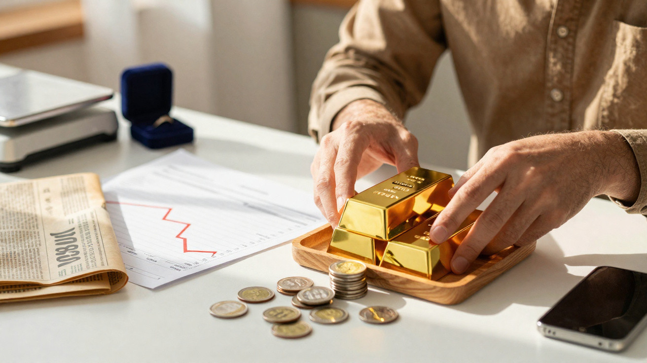 Pessoa a empilhar barras de ouro numa bandeja com moedas, gráficos e jornais na mesa.