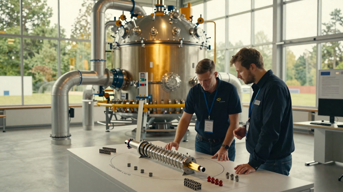 Dois homens analisam componente mecânico numa sala de laboratório industrial com equipamento avançado.