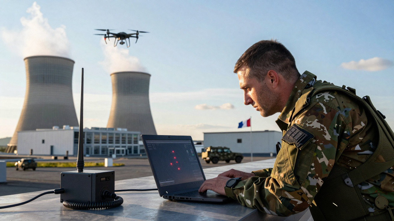 Soldado em uniforme camuflado opera drone com portátil perto de centrais nucleares em dia ensolarado.