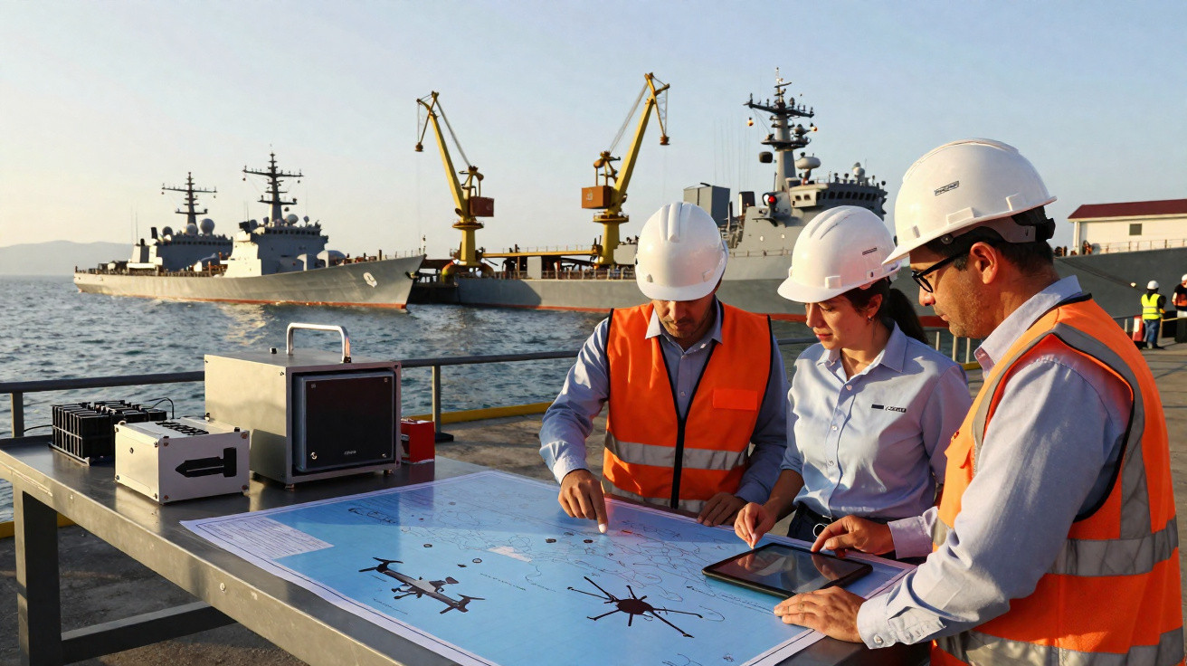 Três engenheiros com capacetes e coletes analisam planta num cais com navios militares ao fundo.
