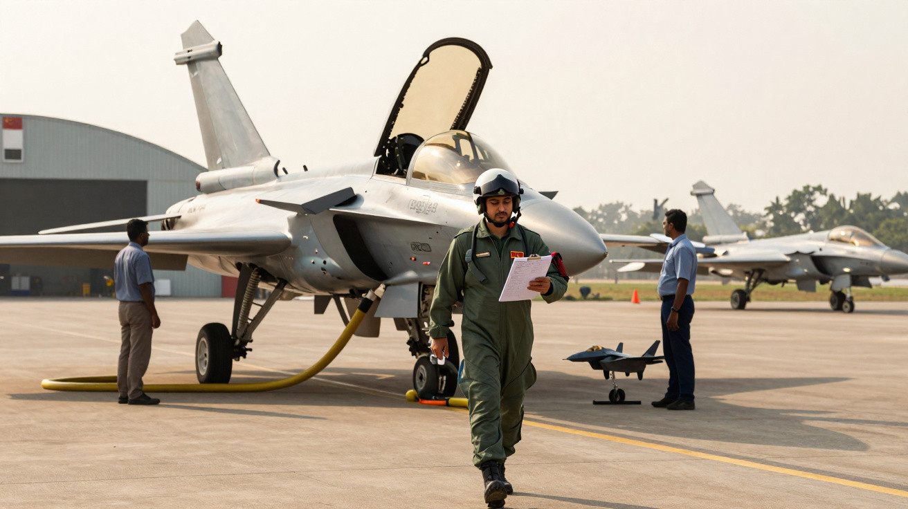 Avião de combate estacionado em pista com piloto em fato verde e duas pessoas em uniforme azul ao fundo.