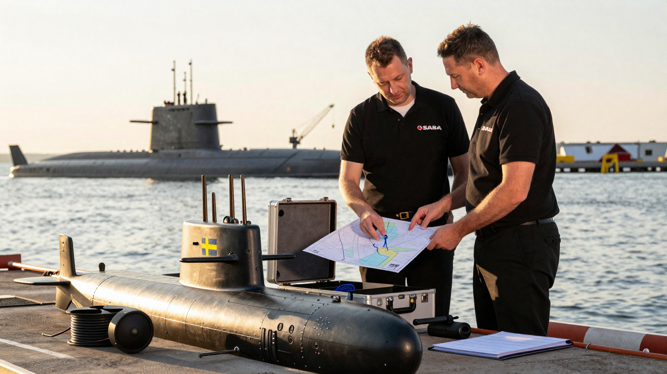 Dois homens analisam mapas ao lado de um modelo de submarino junto a um grande submarino no porto.