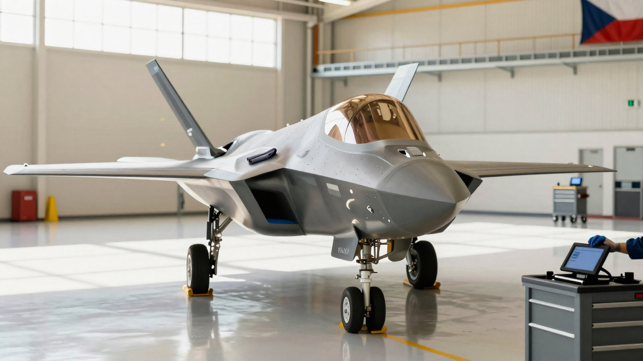 Caça stealth cinzento estacionado dentro de um hangar com um técnico operando um equipamento ao lado.