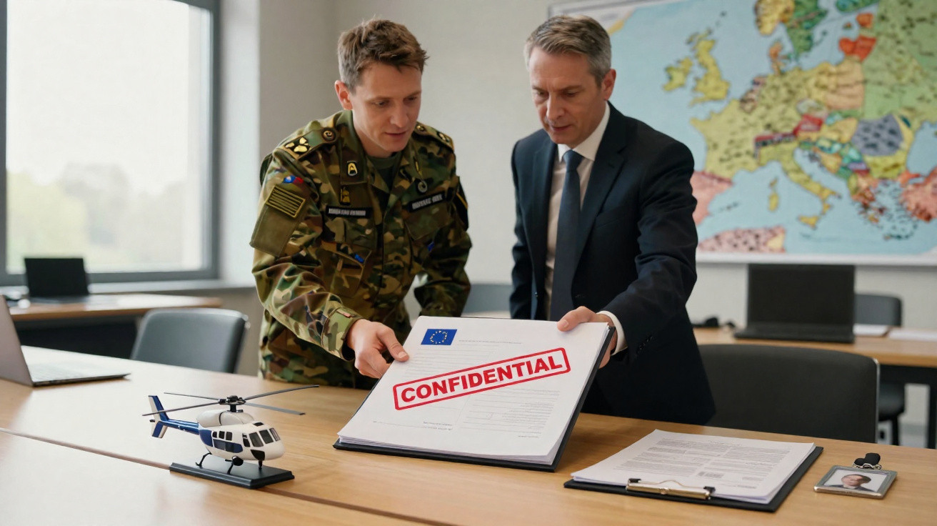 Oficial militar e homem de fato a analisar documento confidencial numa sala de reuniões com mapa na parede.