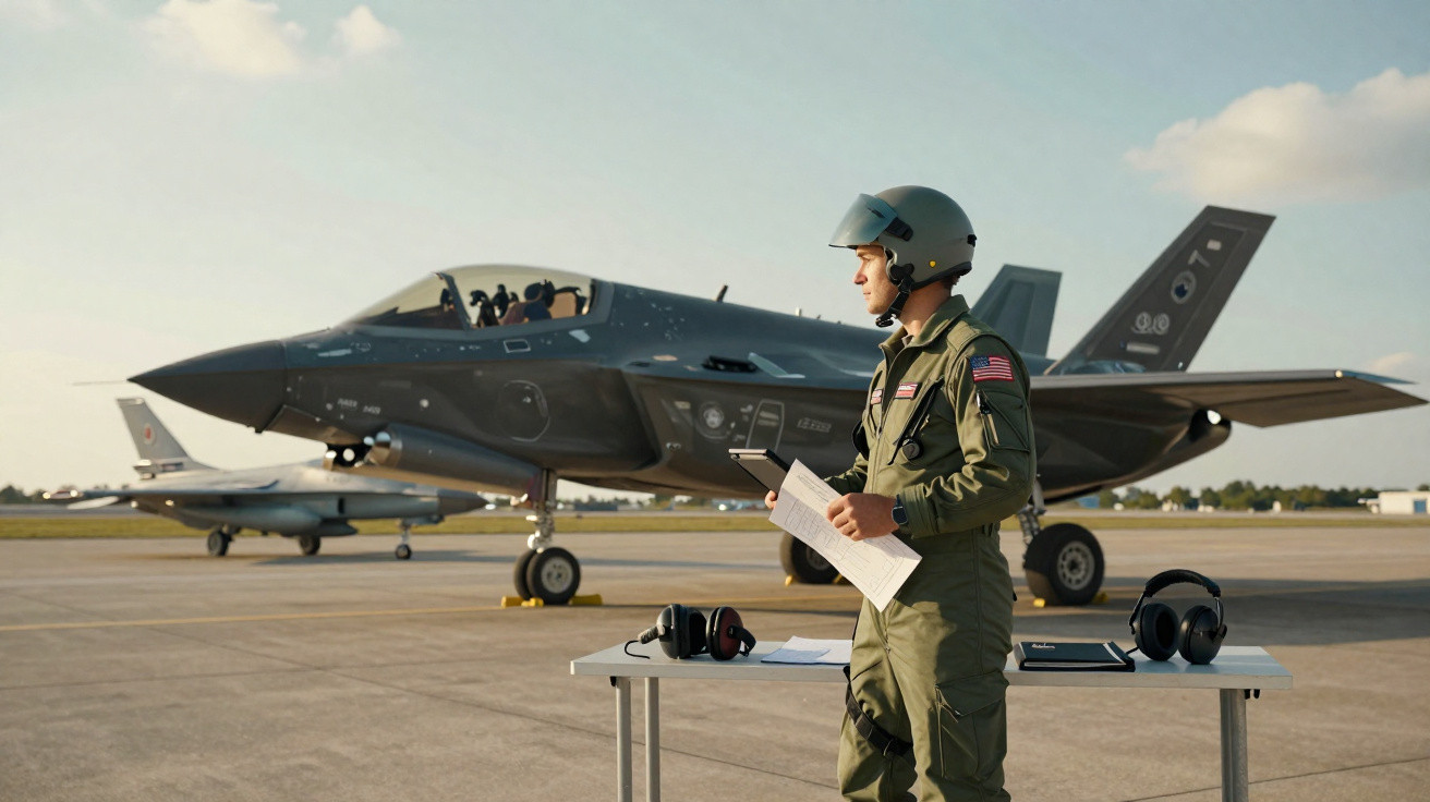 Piloto com uniforme e capacete junto a mesa com equipamento, com caça F-35 estacionado em pista de aeroporto.