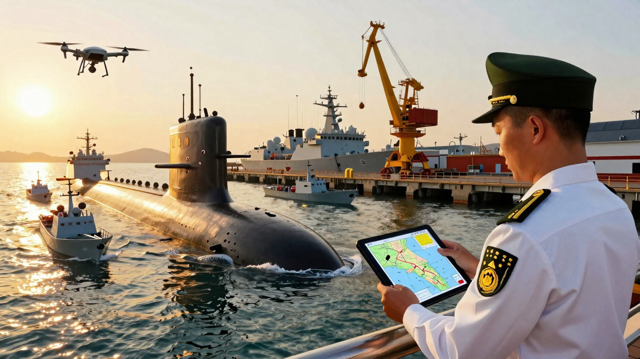 Oficial naval com tablet observa submarino e embarcações militares num porto ao pôr do sol com drone no céu.