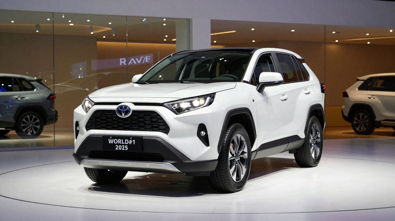 SUV Toyota branco em exposição, modelo 2025 com placa "WORLD #1" em salão moderno.