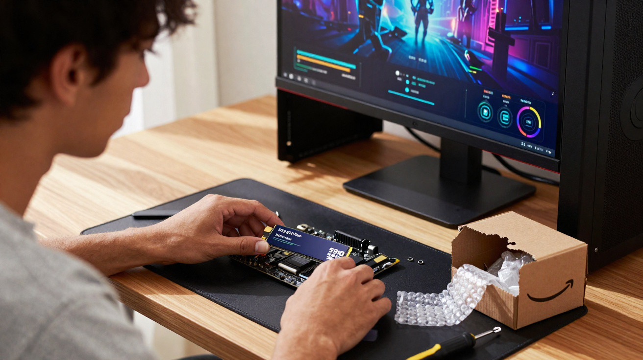 Pessoa a montar um SSD NVMe num computador numa secretária de madeira com monitor ligado a jogo.