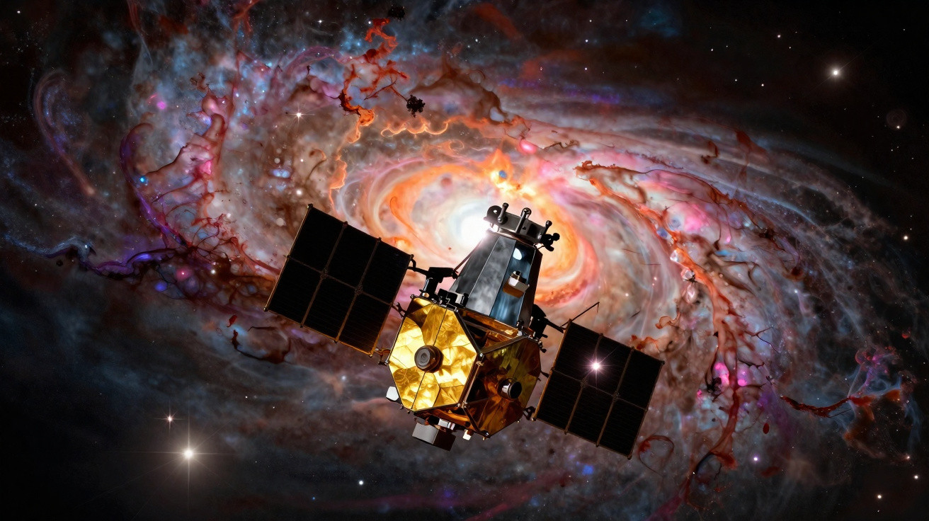 Sonda espacial dourada e preta com painéis solares diante de uma galáxia espiral colorida no espaço.