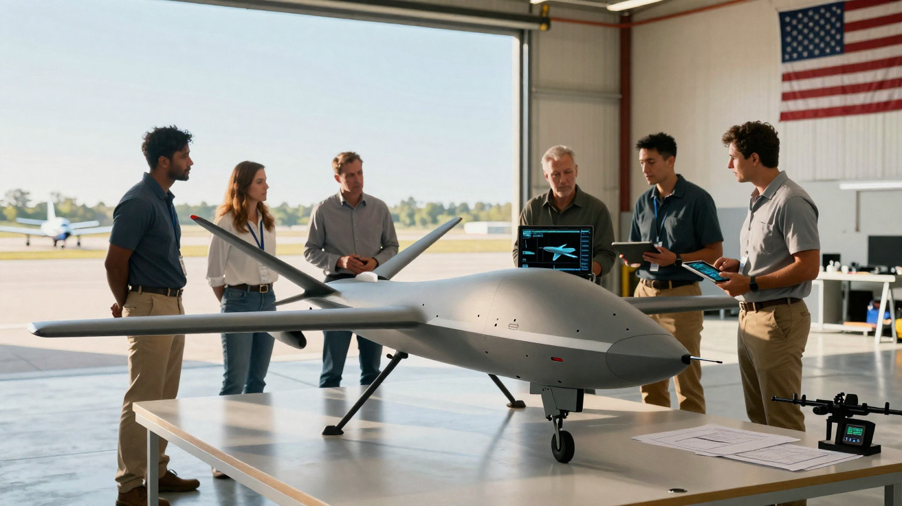 Equipa técnica apresenta drone militar cinzento numa sala ampla com bandeira dos EUA ao fundo.