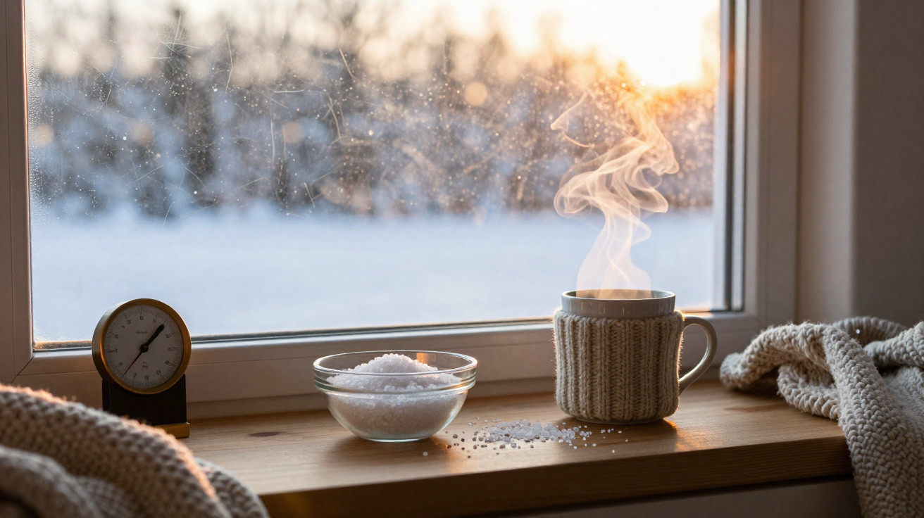 Chá quente numa caneca com capa de lã, sal num prato e um termómetro na janela durante o pôr do sol de inverno.