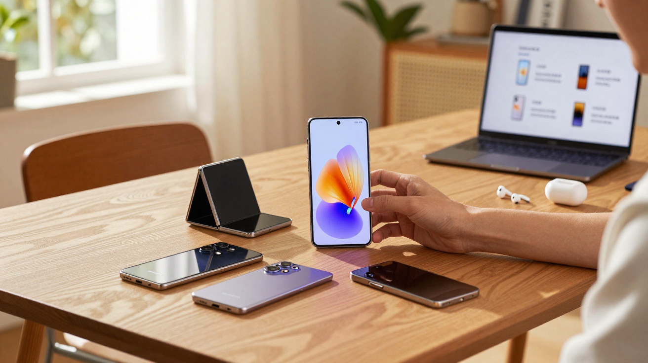 Mesa de madeira com vários telemóveis, um dobrável aberto, um portátil e uma pessoa a segurar um smartphone ligado.