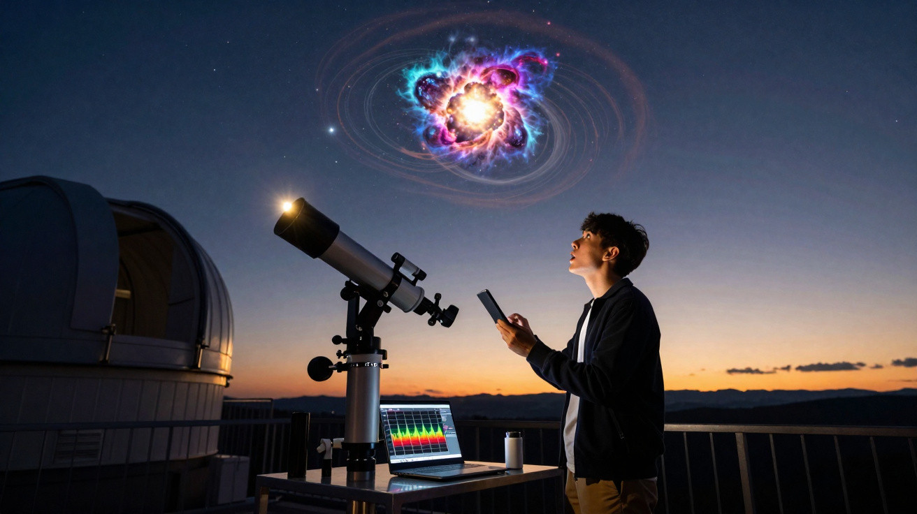 Jovem observa fenómeno cósmico brilhante ao lado de telescópio e computador ao entardecer num observatório ao ar livre.