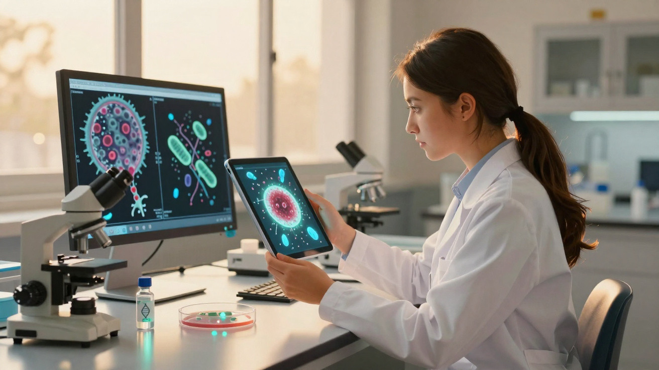 Cientista feminina com bata branca analisa imagens digitais de vírus em tablet num laboratório.