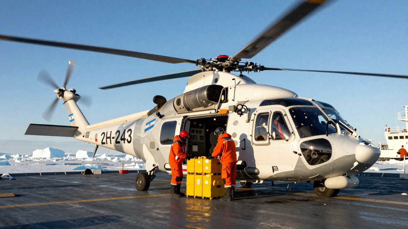 Helicóptero branco estacionado em convés com duas pessoas de fato laranja a manusear caixas amarelas.
