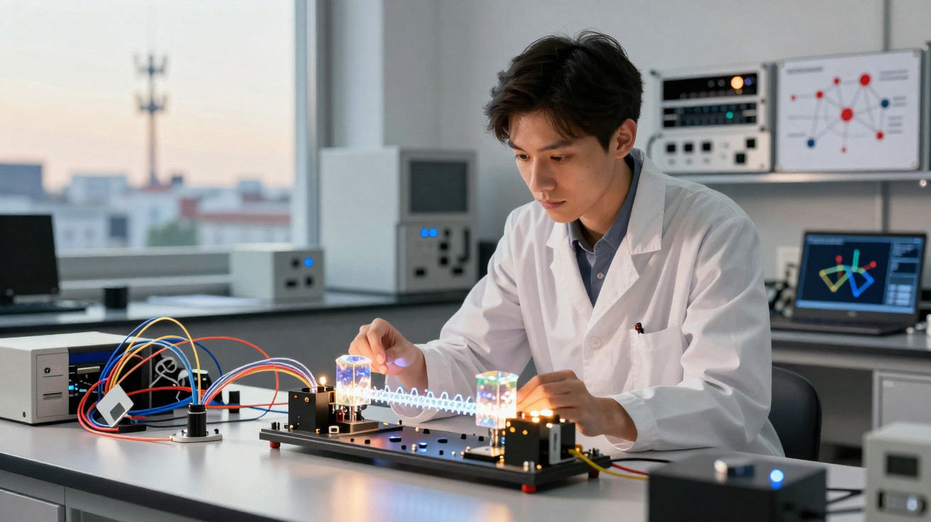 Cientista em laboratório a trabalhar com equipamento e circuitos eletrónicos iluminados numa mesa branca.