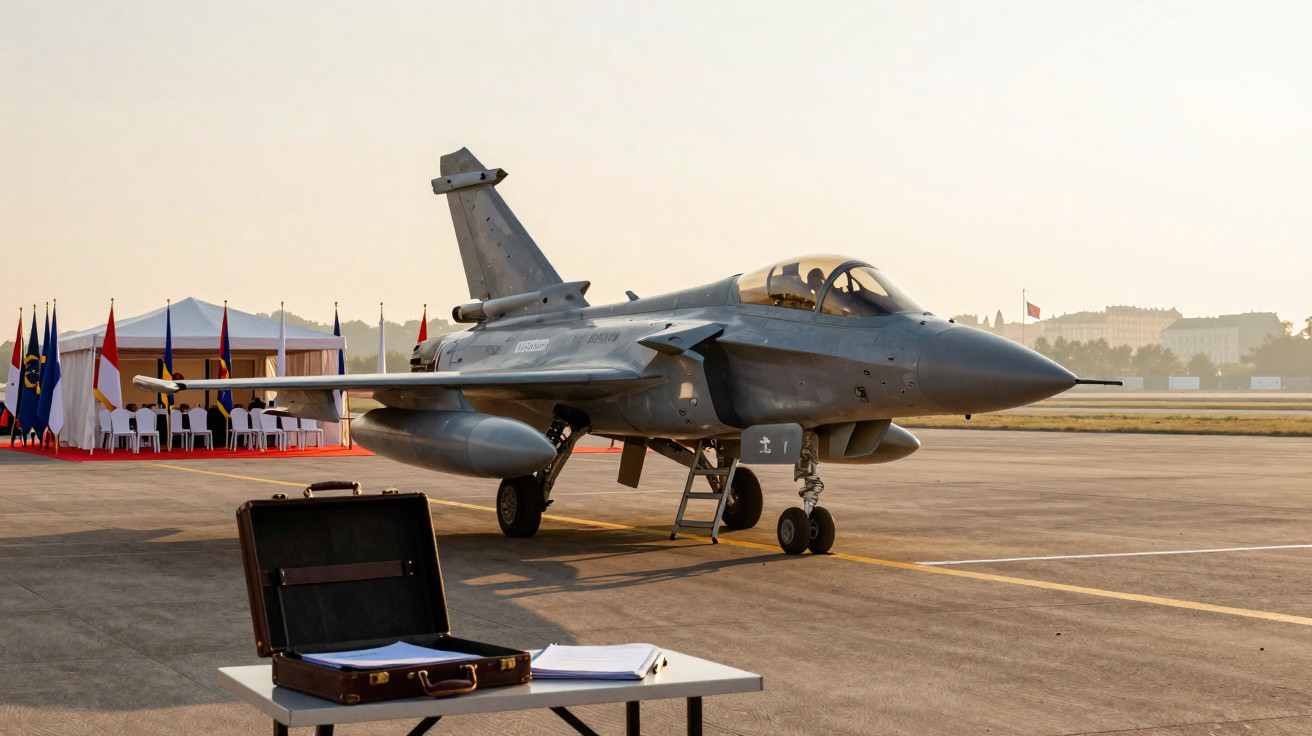 Caça militar estacionado em pista de aeroporto com mesa, pasta aberta e cadeiras ao fundo.