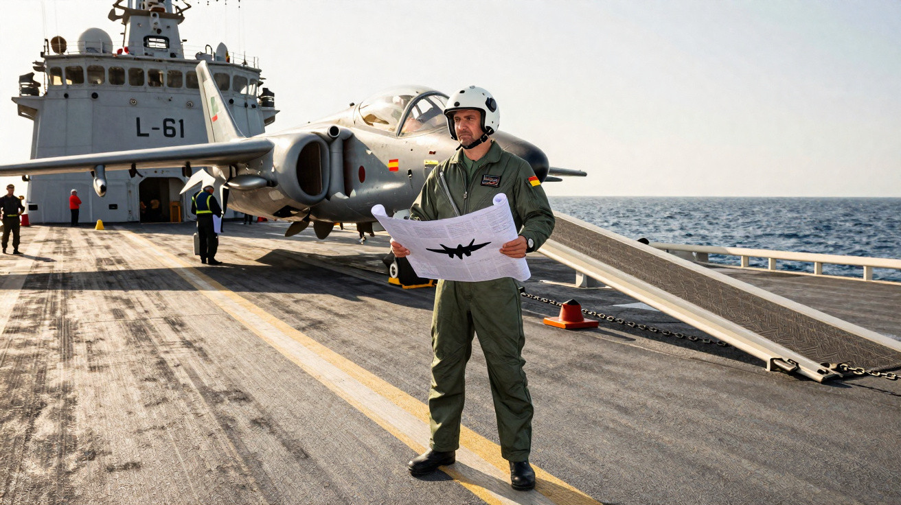 Piloto com fato de voo e capacete segura mapa no convés de porta-aviões com jato militar atrás e mar ao fundo.