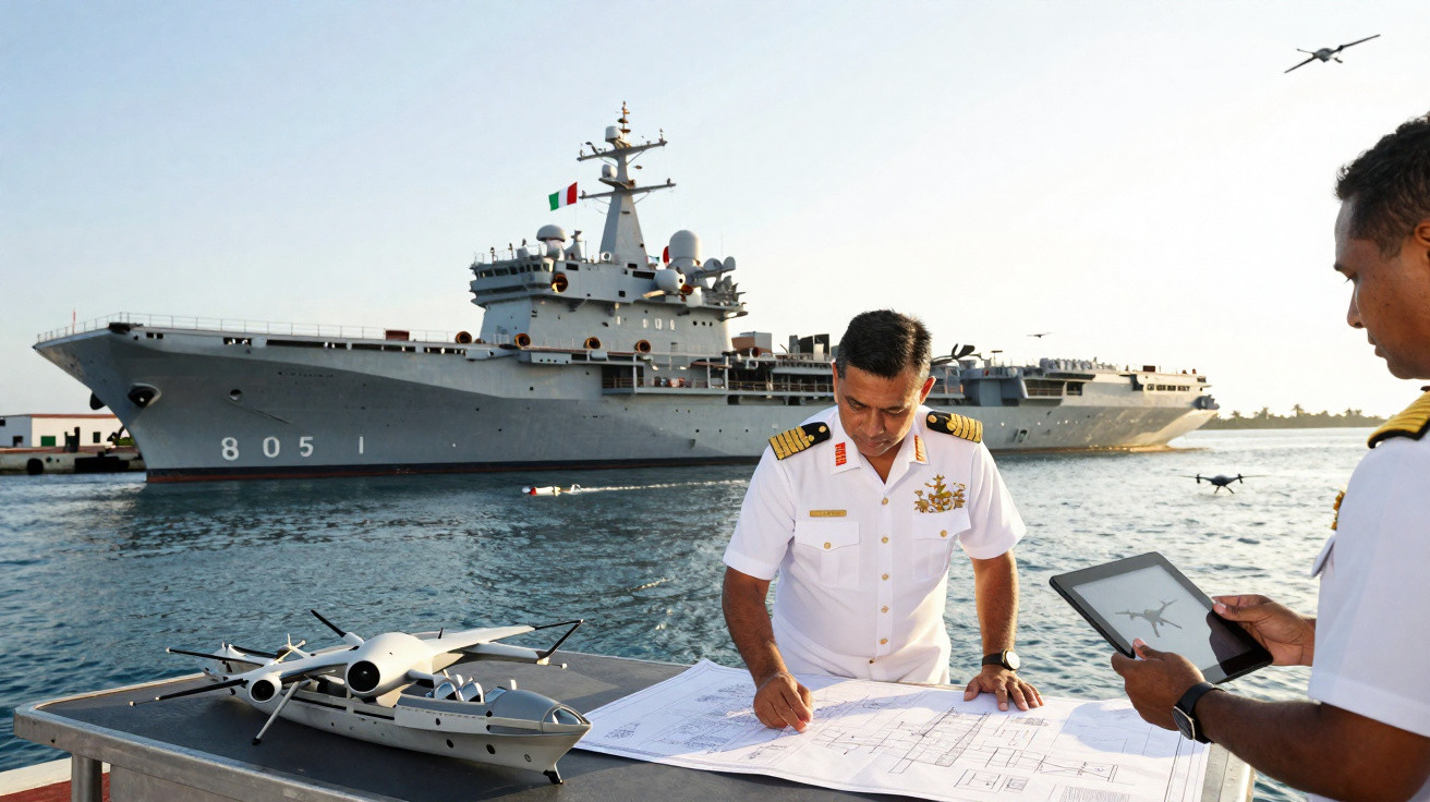 Dois oficiais navais a analisar planos e modelos de drones com um navio militar ao fundo no porto.