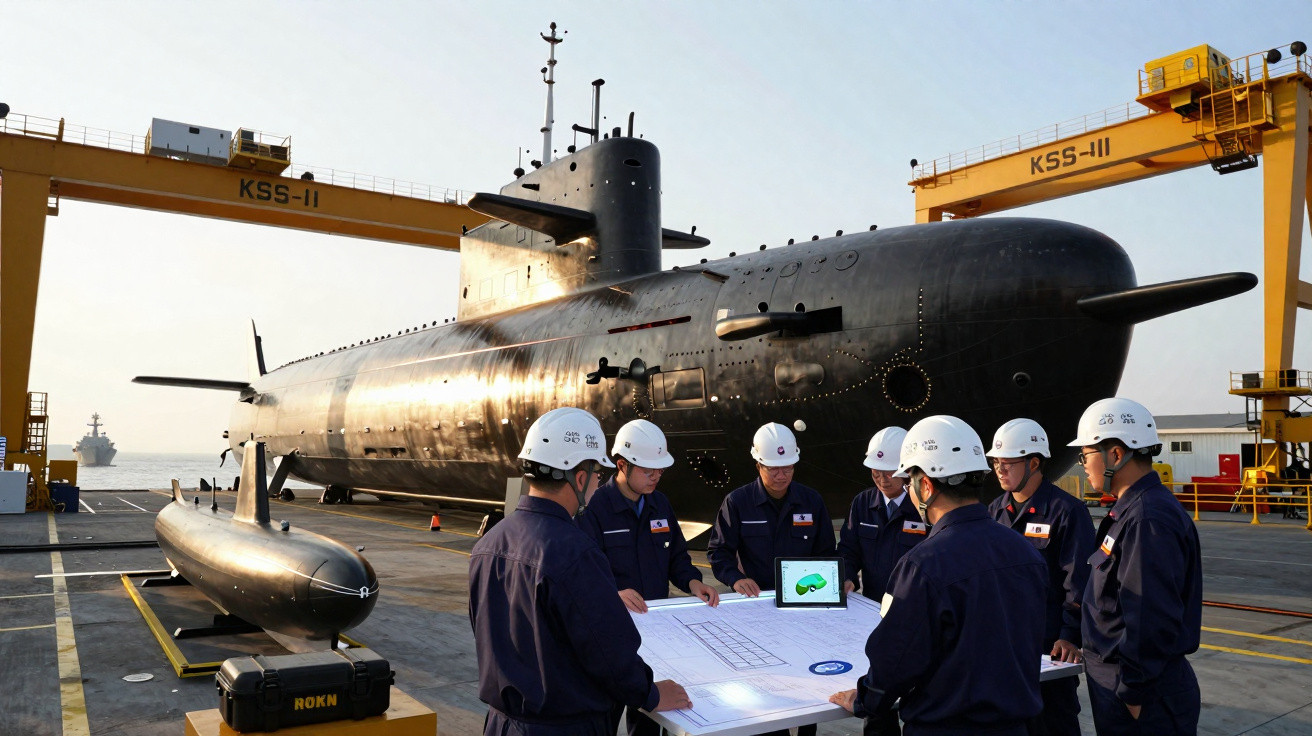 Militares com capacetes em torno de mesa com documentos diante de submarino estacionado em estaleiro naval.