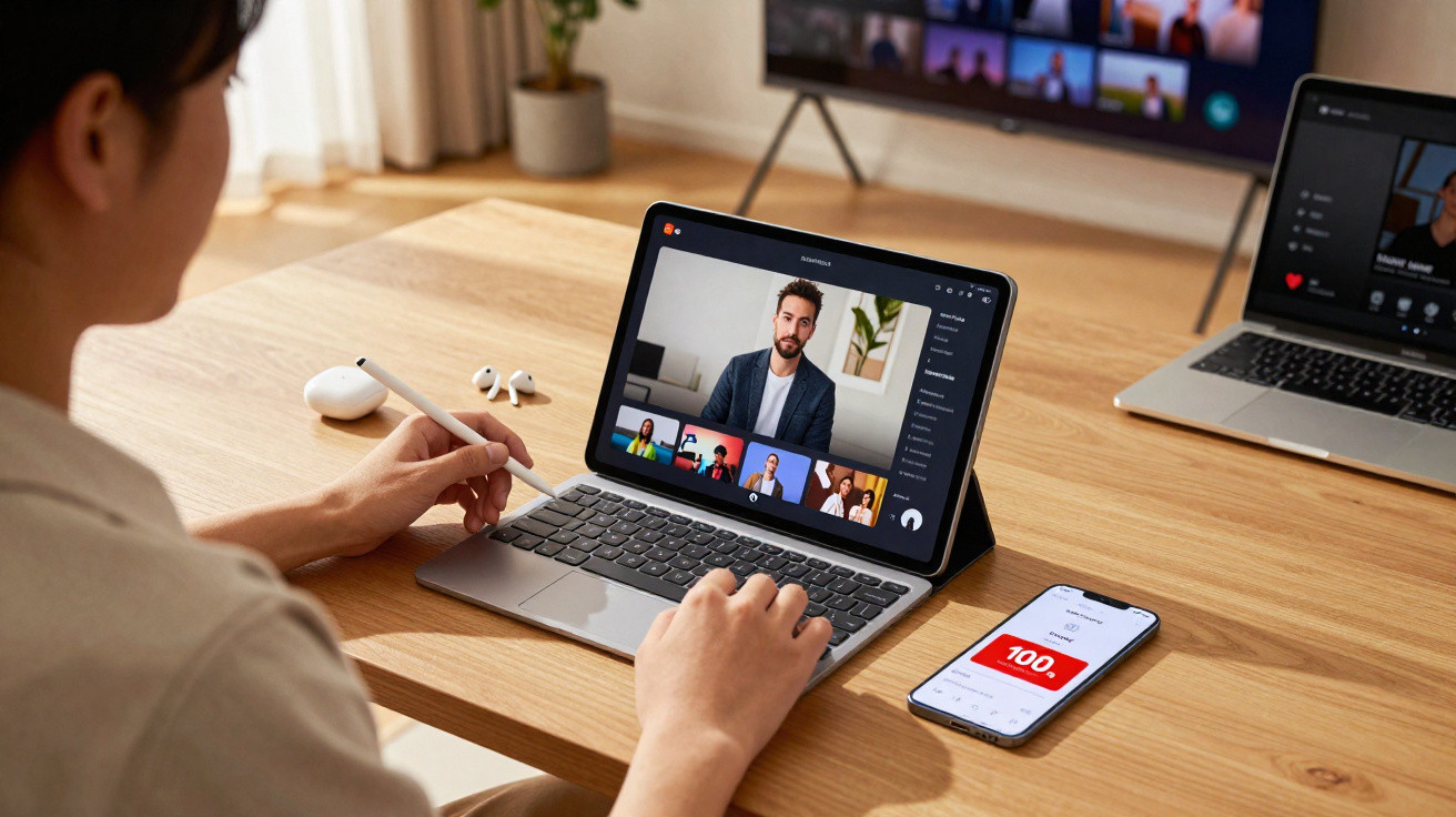 Pessoa participa em videoconferência num tablet com teclado, com smartphone e computador portátil numa secretária de madeira.