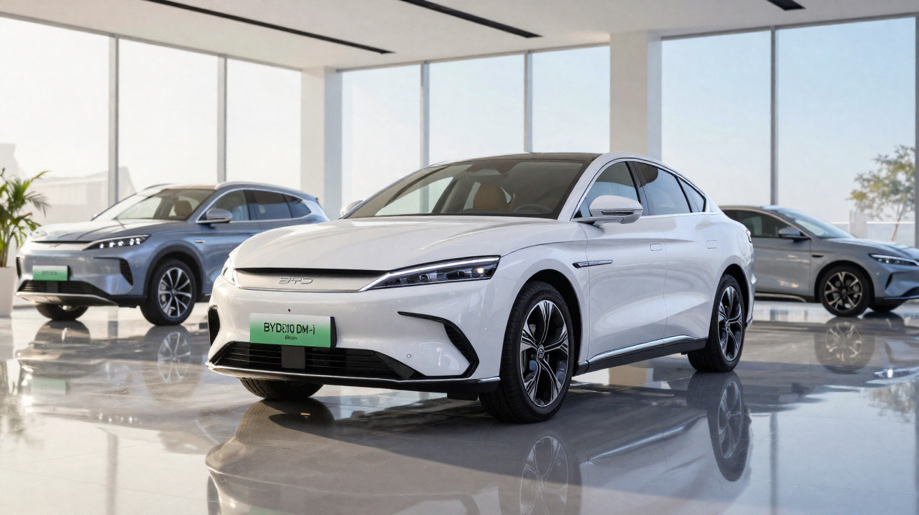 Automóveis elétricos modernos Brancos e cinzentos expostos em sala de showroom com chão refletivo e paredes envidraçadas.