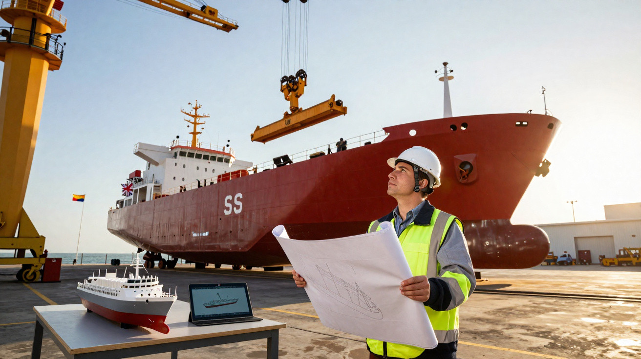 Engenheiro naval com capacete e colete refletor inspeciona navio vermelho no porto com maquete e laptop.