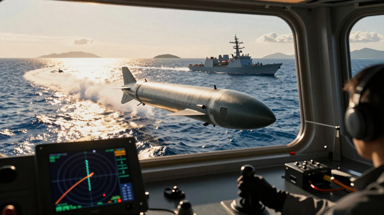 Perceção naval a lançar torpedo, visto a partir da cabine de controlo com radar e operador de fones.