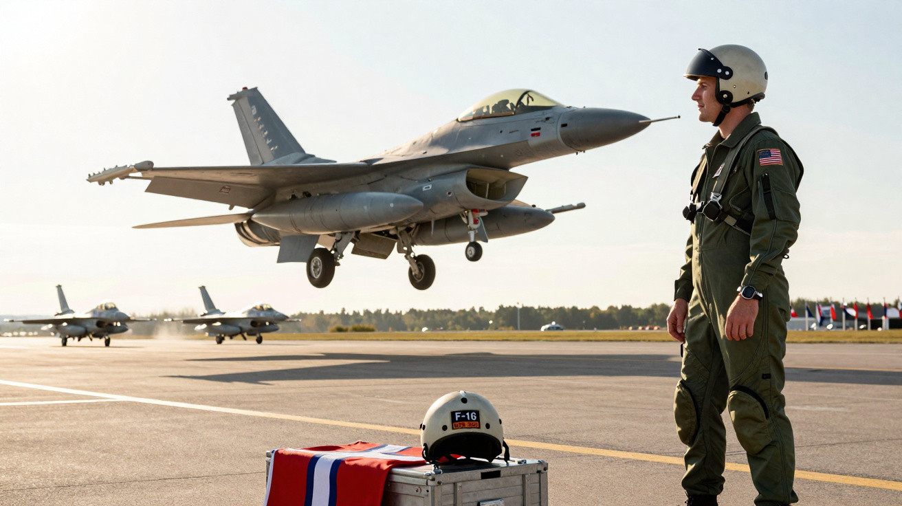 Piloto de avião militar observa F-16 a descolar numa base aérea ensolarada.