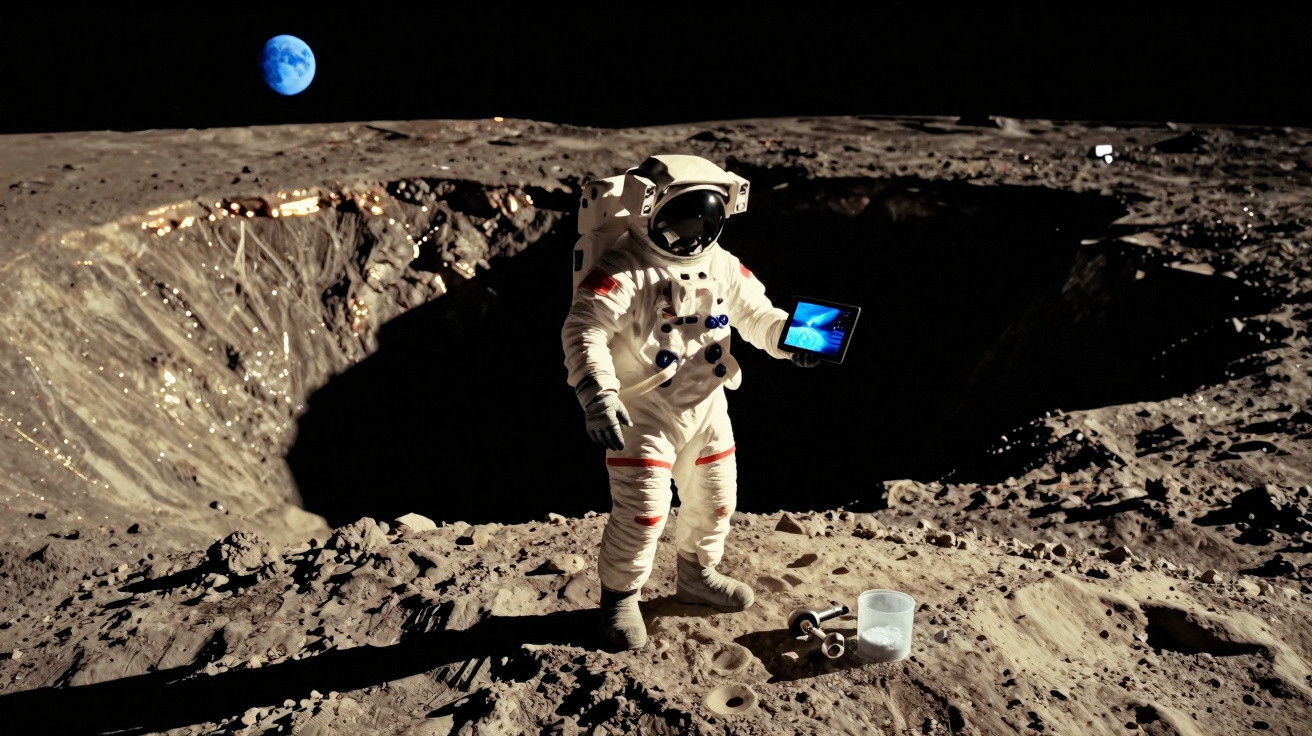 Astronauta em fato espacial a segurar tablet junto a cratera na superfície lunar, com Terra visível ao fundo.