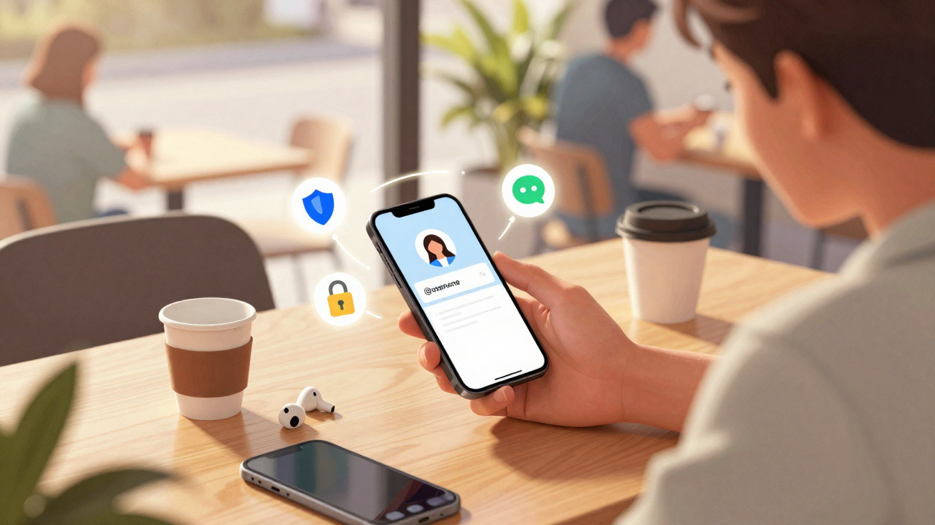 Pessoa a segurar smartphone com perfil online, ícones de segurança e mensagem, num café com copos de café.