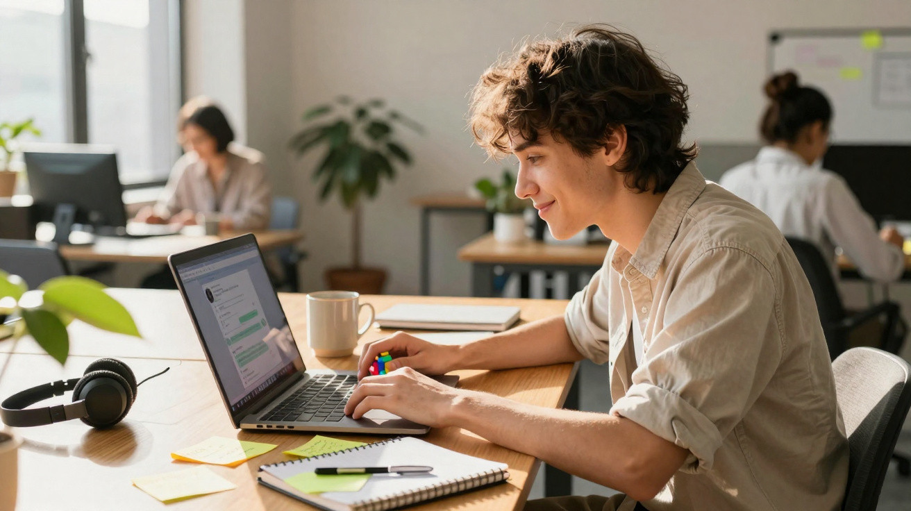 Jovem a usar computador portátil num escritório moderno, com cadernos, canetas e auscultadores na mesa.