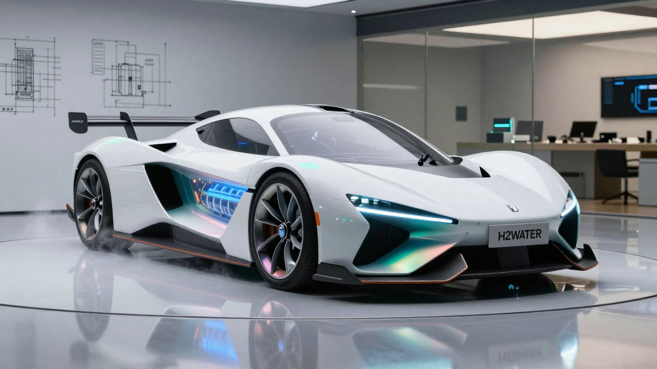 Carro desportivo futurista branco com luzes azuis e placa H2WATER num showroom moderno.