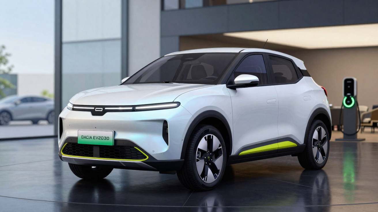 Carro elétrico Dacia EV2030 branco estacionado em ambiente moderno com estação de carregamento.