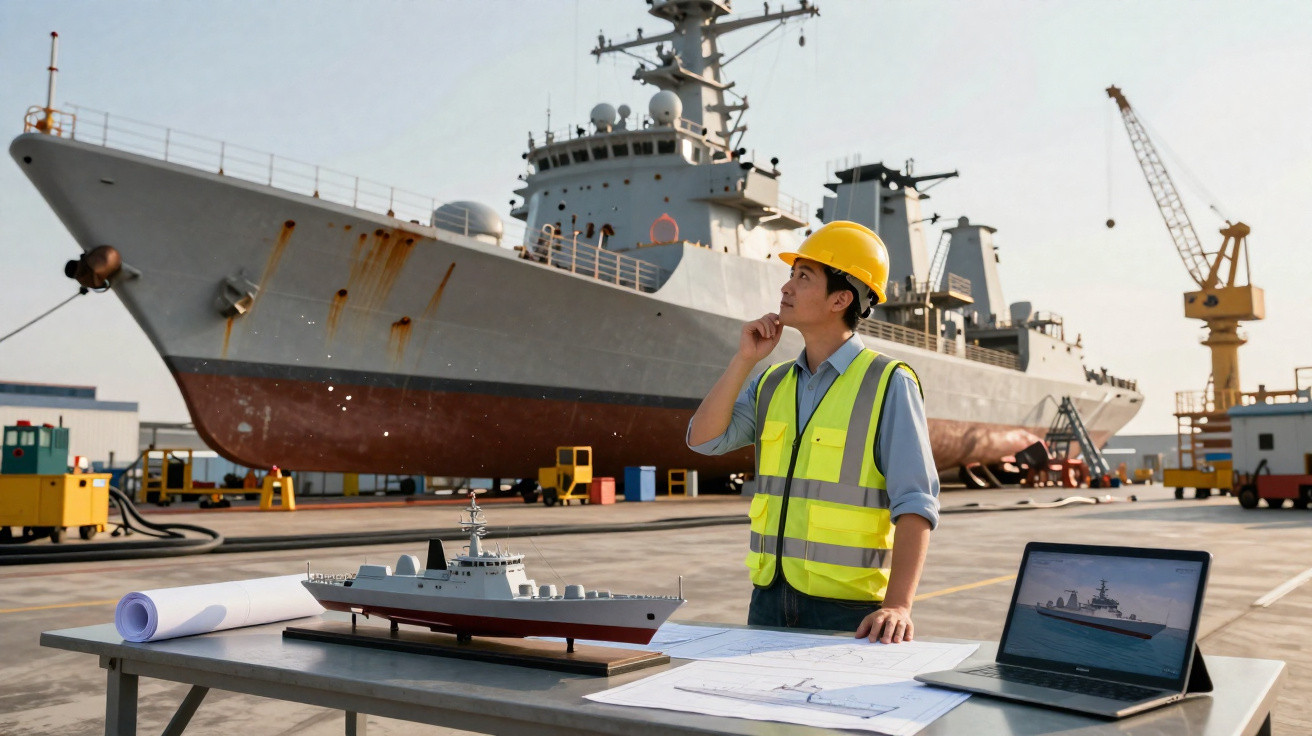 Engenheiro naval com colete e capacete amarelo a analisar planta com modelo de navio e computador num estaleiro naval.