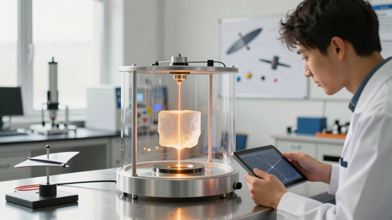 Investigador em laboratório observa dispositivo futurista que projeta holograma luminoso suspenso.