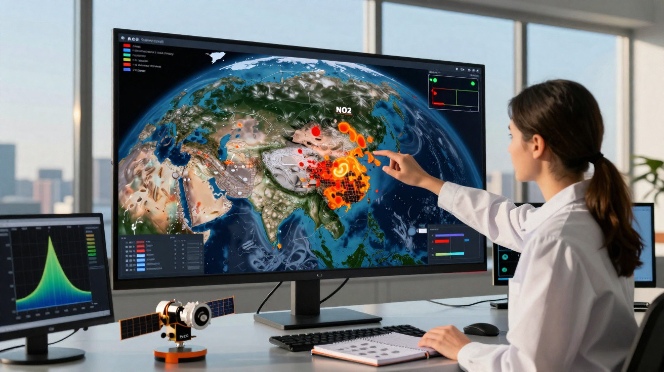 Mulher observa e analisa dados ambientais numa tela grande com mapa da Terra e poluição destacada.