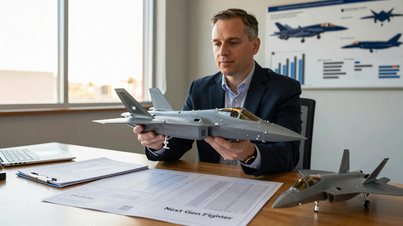 Homem em escritório analisa maquete de avião de combate junto a esboços de projeto no ambiente de trabalho.