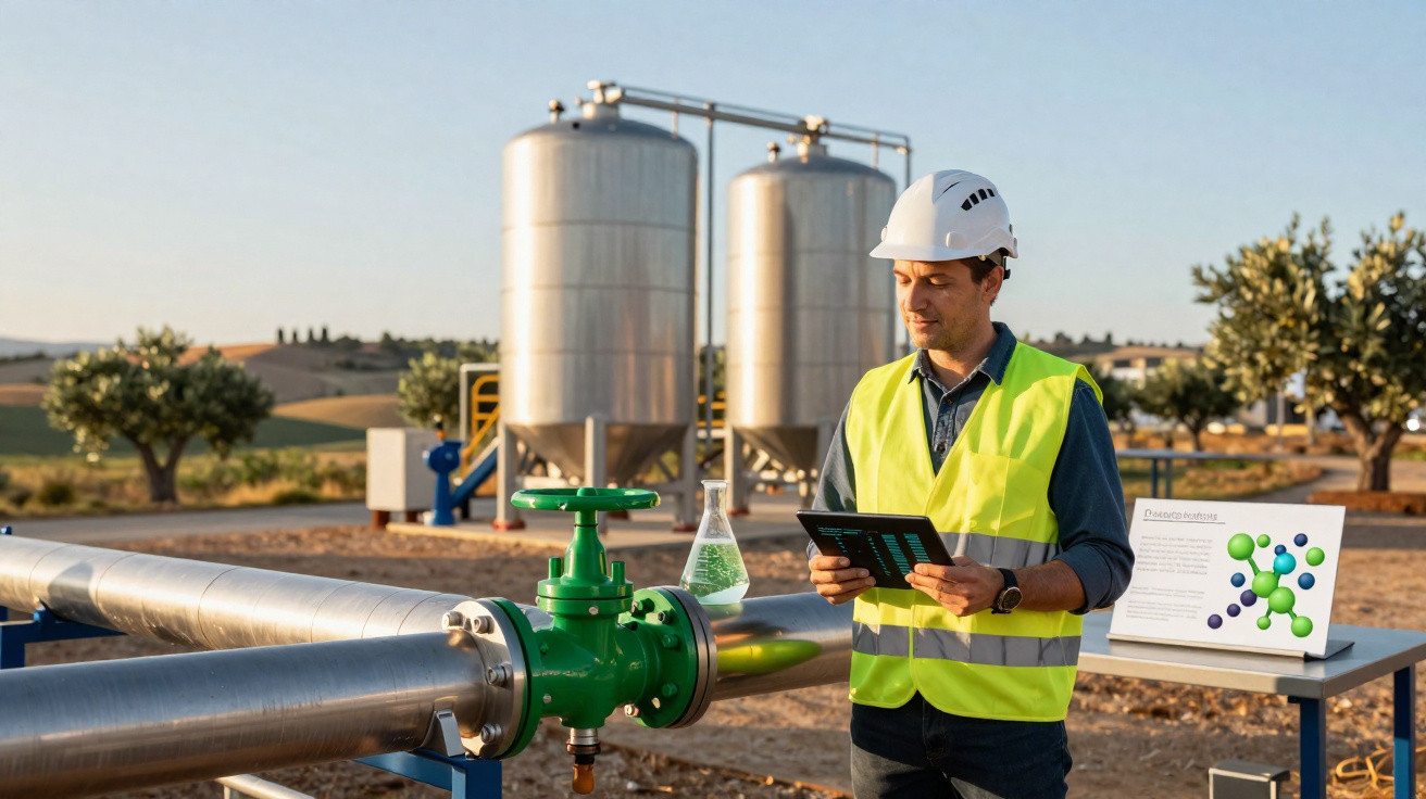 Engenheiro industrial em colete e capacete verifica tubagem numa fábrica ao ar livre com tanques metálicos ao fundo.