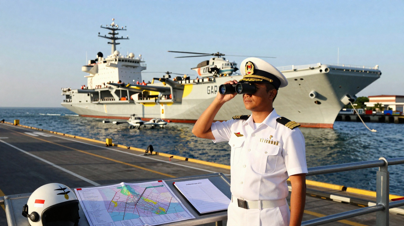 Oficial naval em uniforme branco observa com binóculos enquanto porta-aviões militar está atracado no cais.