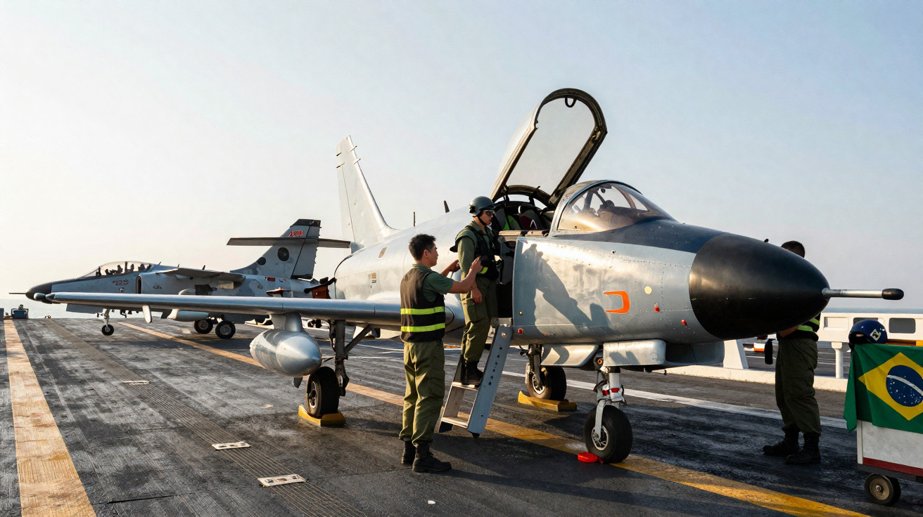 Avião militar em cais de atracação com pilotos e técnicos a preparar voo ao pôr do sol.