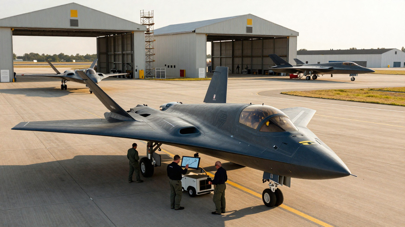 Aviões militares stealth estacionados numa pista com três técnicos a operar equipamento junto a um deles.