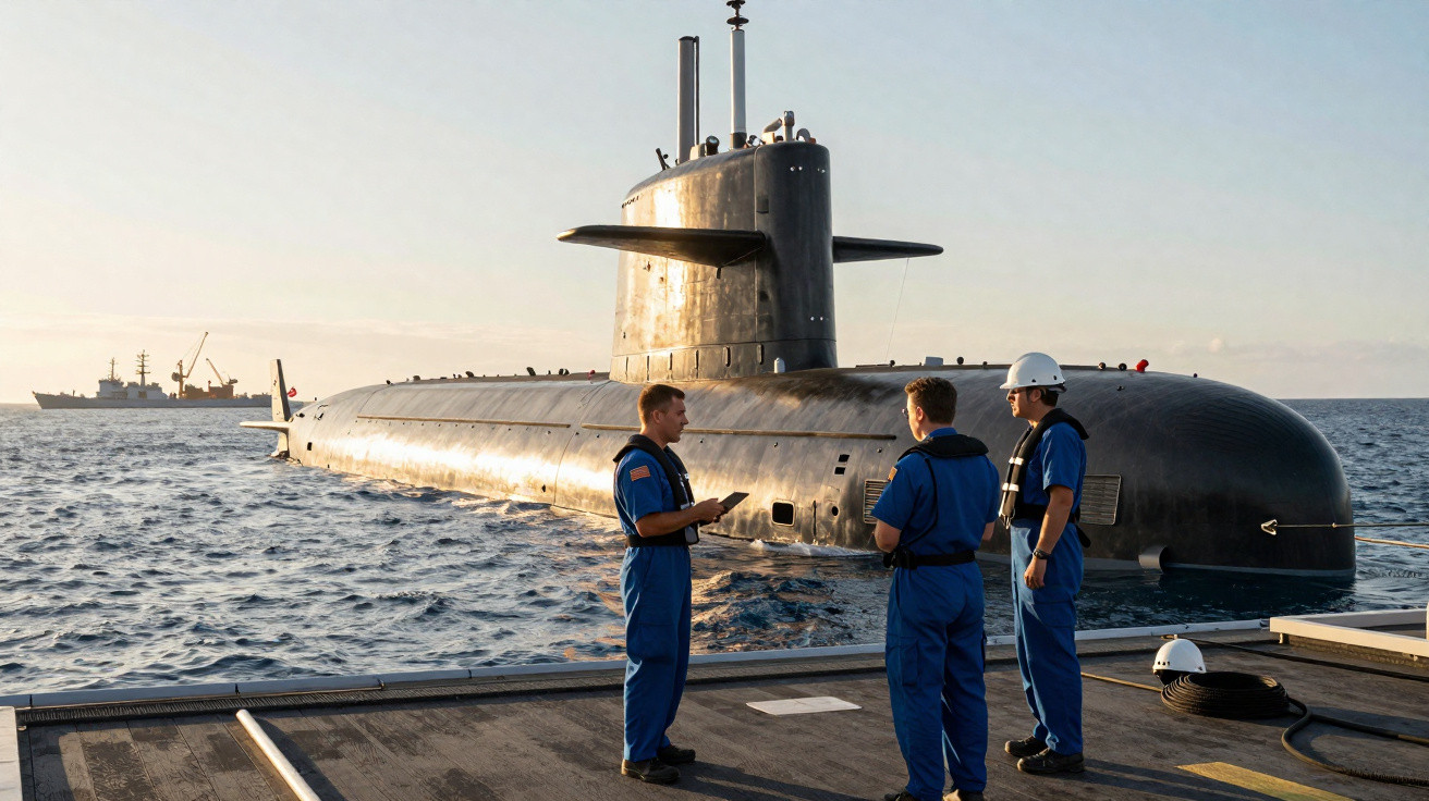 Três homens em fato azul junto a um submarino preto na água durante o pôr do sol.