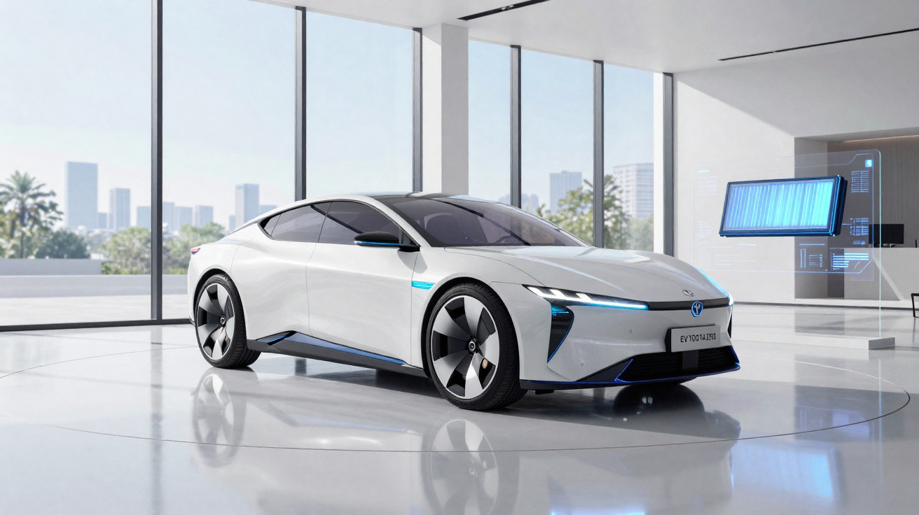 Carro elétrico branco de design futurista exposto em sala moderna com janelas amplas e vista urbana.