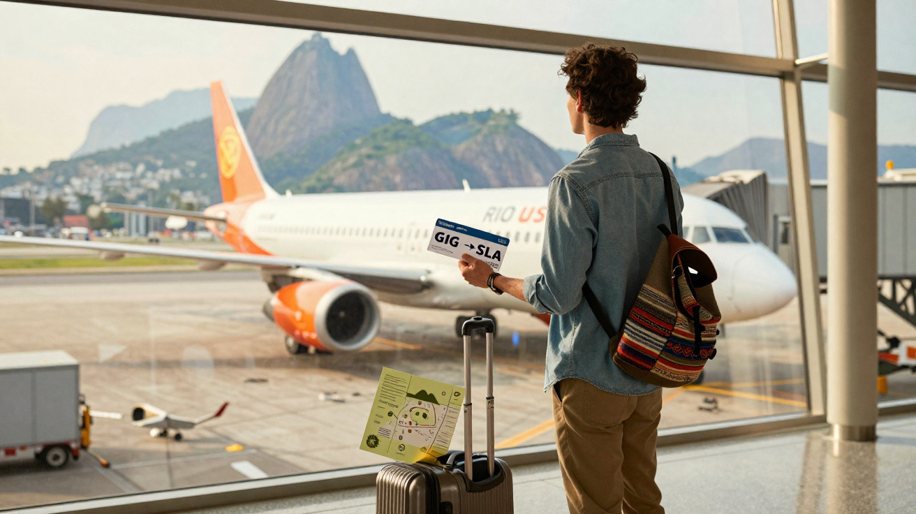 Homem com mochila e mala observa avião na pista, segurando cartão de embarque no aeroporto.