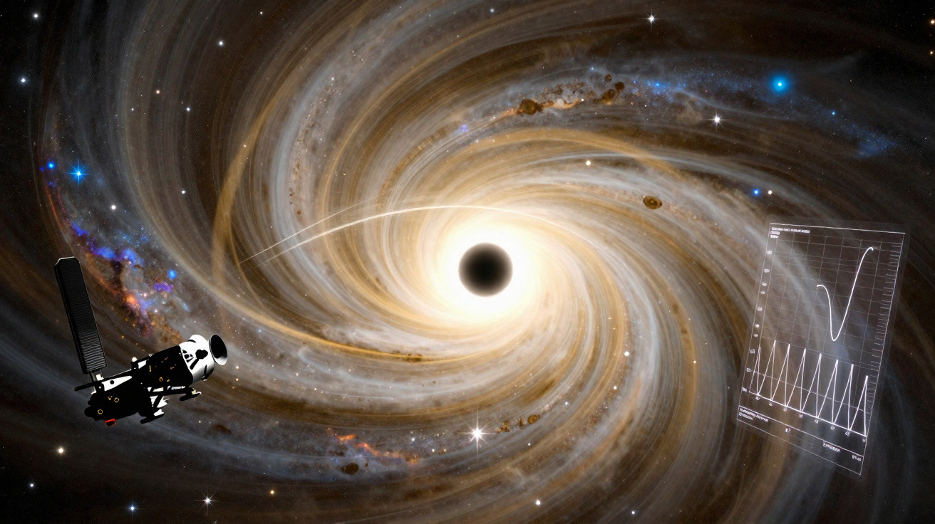 Sonda espacial perto de um buraco negro no centro de uma galáxia em espiral com gráficos flutuantes.
