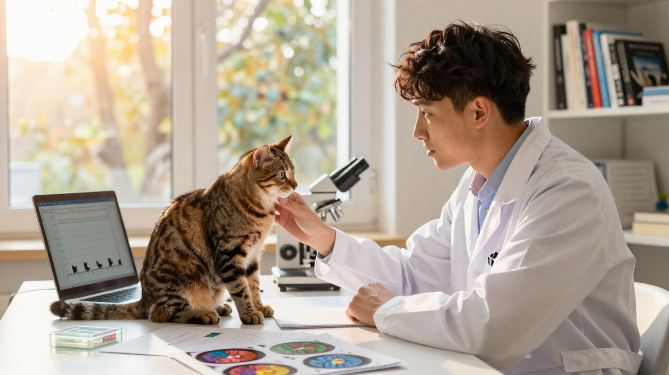 Veterinário a examinar um gato tigrado num consultório com laptop e microscópio ao fundo.