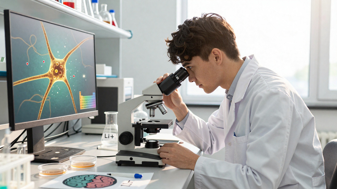 Cientista jovem a observar ao microscópio laboratório com imagem de neurónio no ecrã do computador.